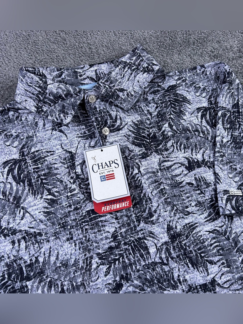 NEW Chaps Men's Everyday Performance Polo Shirt Gray L Palm Trees Hawaiian Shirt